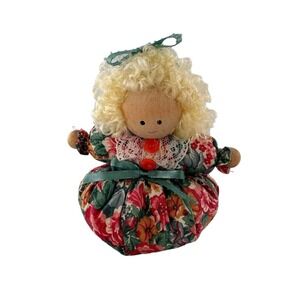 Handcrafted‎ Rag Doll Wood Head Blonde Curly Hair Floral Dress Lace Details 6"